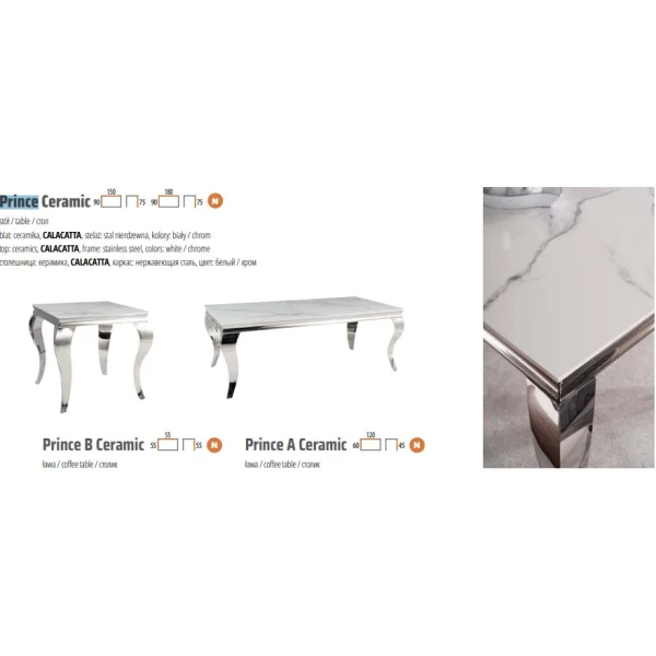 Стол обеденный SIGNAL PRINCE Ceramic Calacatta белый/хром 180/90